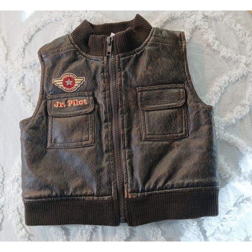 Baby Togs Faux Leather Brown Vest Vtg  Embroidered Jr Pilot Zipper